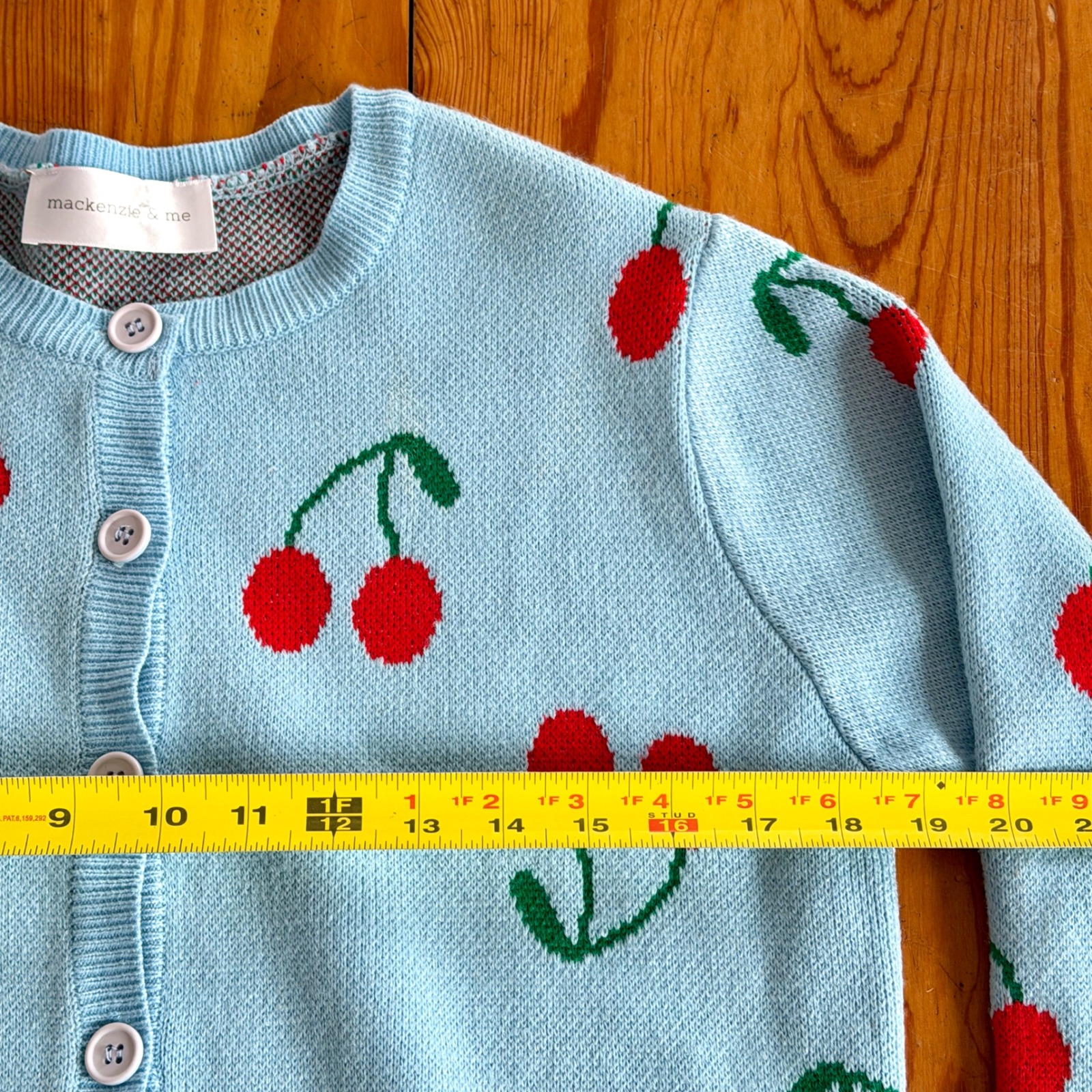 Cherry Print Mackenzie & Me Blue Knit Button Front Cardigan — image 3 of 7